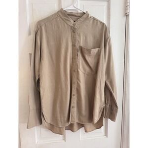 Banana Republic Linen Blend Shirt Brown‎ Mandarin Collar Women Sz M Lagenlook